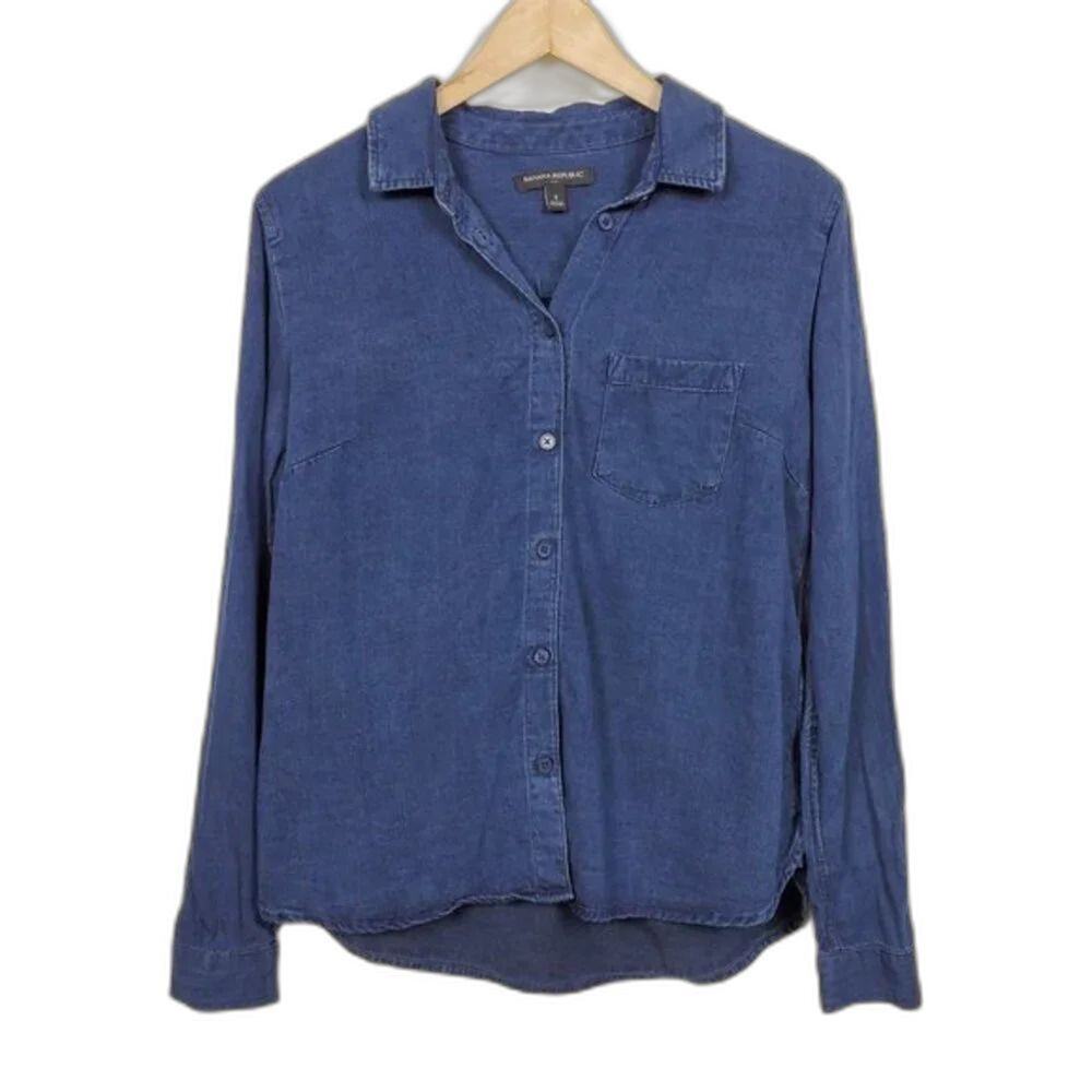 Banana Republic Denim Button Down Shirt Blue Womens Size S Tencel Long Sleeve